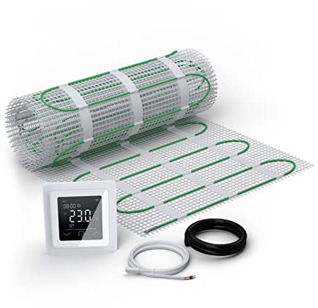 WARMON elektrische Fußbodenheizung für Fliesen: Zweiader-Heizmatte ultradünn, Festwiderstandsheizkabel EcoPRO-200 mit Thermostat MCS 750 WIFI Touch weiß 15 m²