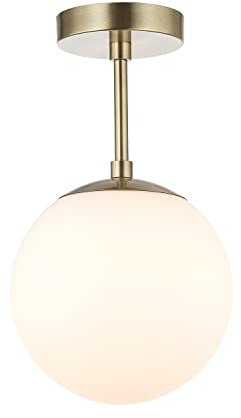 Happy Homewares Traditional and Sleek Opal Glass Globe IP44 Bathroom Ceiling Light in Antique Brass | 24cm x 20cm | 60w Max | Also Suitable for Hallways Lounges Conservatories etc