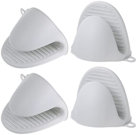 sourcing map 4pcs Épaissi Mini Four Gants, Chaleur Résistant Silicone Four Mitaines Doigt Pincement Poignées Pot Support pour Cuisine, Pâtisserie, BBQ Chaleur Résistant Gants, Gris Blanc