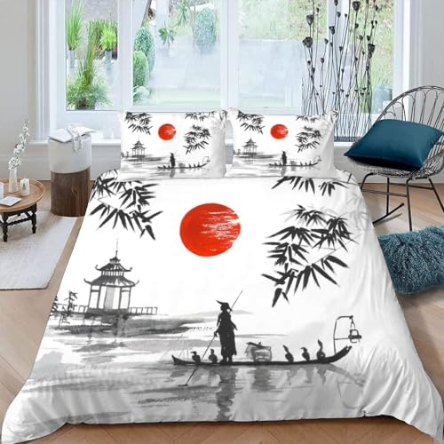 AASIRA Japan Bambus Bettwäsche 135x200 Kinder Bettwäsche Landschaft Weiche Mikrofaser Bettbezug mit Reißverschluss Jungen Mädchen Bettwäsche-Set 3D Motiv Bettbezüge mit 2 Kissenbezug 80x80