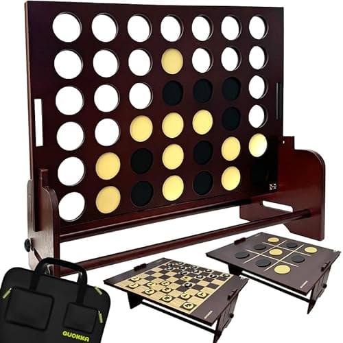 QUOKKA 4-in-1 SUPERSET Giant Four in a Row Connect Game Outdoor - Wooden Jumbo Yard Game for Adults - Blue - Big Chess & Checkers - Wooden Tic Tac Toe - All Weather - Backyard Family Party