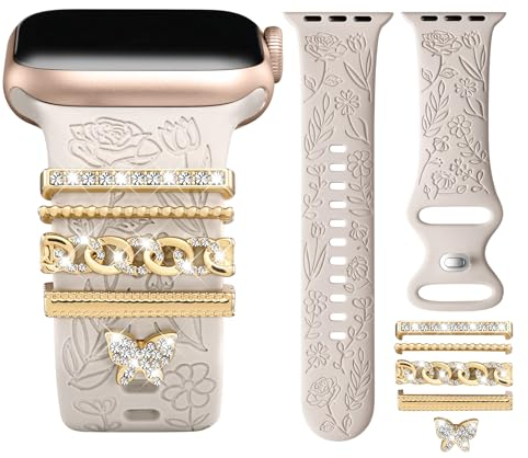 CeMiKa Bracelets Gravés de Fleurs Compatible avec Bracelet Apple Watch 42mm 44mm 45mm 49mm pour Femmes, Bracelet Silicone & Breloques Décoratives pour iWatch Series 9 8 7 6 5 4 3 2 1 SE Ultra