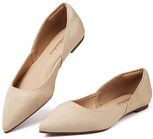 Chaoslook Damen-Ballerinas mit spitzem Zehenbereich, bequem, lässig, elegant, Memory-Schaum, Flache Schuhe für Party, Hochzeit, Hautfarben - Nude Suede, 39 EU