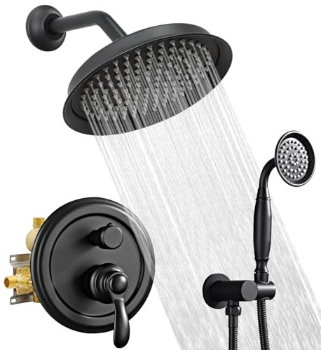 Homekicen Mattschwarzes Vintage-Duscharmatur-Sets, Antik-Messing-Duschsystem, Wandmontage, 22,9 cm Regenkopf und Handstrahl, 2-Wege-Umsteller, grobes Ventil mit Verkleidungsset