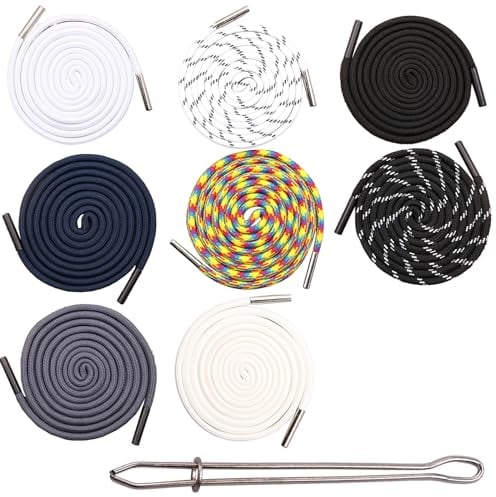 8 Stück Kordel für Jogginghose, Kordel für Hoodie, Hosen Kordel 5mm, Universal 140 cm Kordelenden Metall Ersatz-Saiten, mit 1 Einfädler, für Sweatshirts Sporthosen Jacken Weiß Grau Schwarz Dunkelblau