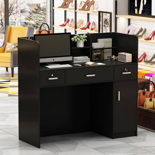 DAWNSPACES Rezeptionstheke,Empfangstheke für Büro,Empfangstheke,schwarz, mit 1 Tür+3 Schubladen,Begrüßungstheke,abschließbar,MDF,für Einkaufszentren,Hotel,120x110x46,5 cm