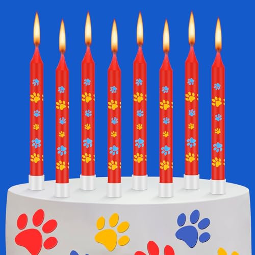 MTLEE 12 Pcs Blue Dog Paw Print Themed Birthday Candles Red Cupcake Topper for Boys Girls Dog Paw Prints Party Supplies Baby Shower Pet Puppy Cat Party Decorations