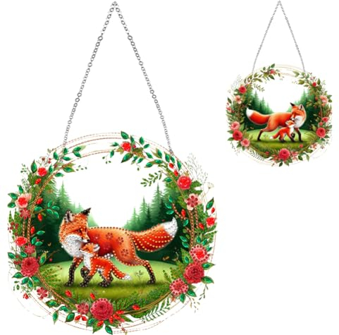 Starnearby DIY Diamond Painting Anhänger mit Kette 5D Diamant Painting Fensterbilder Einseitig Diamant Malerei Tiere Kranz Set für Fenster Wand Und Eingang Decor (Fuchs)