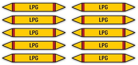 Aufkleber: 100x15 mm, 10 Stück - Gruppe 4 - Brennbare Gase - Flüssiggas - Rohrleitungskennzeichnung - nach DIN 2403 - Sprache: deutsch - LPG