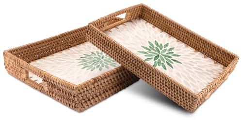 Decorasian Vintage Tablett aus Rattan mit Muschel Mosaik – Dekotablett und Serviertablett mit Griff im Boho Stil - 2er Set
