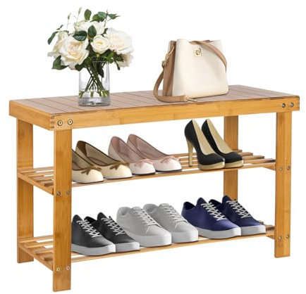 OHMG Banc Étagère à Chaussures en Bambou Naturel 3 Niveaux,Bancs de Rangement,Organiseur à Chaussures,Charge 130 kg,Idéal pour l’entrée, Salle de Bain,Salon,Couloir