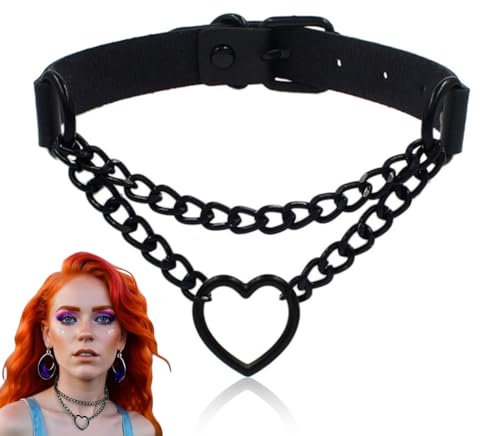 XUZOPIM Black Gothic Choker Necklace With Heart PU Leather Chain - Adjustable Retro Collar Chain for Women and Girls Christmas Accessories