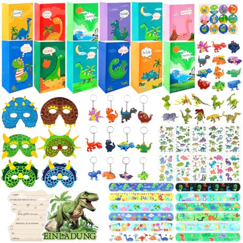 O-Kinee 90 Stück Kindergeburtstag Mitgebsel Set, Dino Geburtstag Gastgeschenke, Give Aways Partyspielzeuge, Geschenktüten mit Tattoo Sticker, Goodie Bag Mini Dinos, Schlüsselanhänger für Kinder