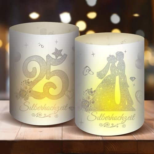 Moorle 12 Windlicht Tischdeko Silberhochzeit, Silber Hochzeit Tischdekoration, 25 Jahre Silberhochzeit Geschenkideen, 25. Hochzeitstag Tisch Deko zur Silberhochzeit für Teelichter oder Kerzen