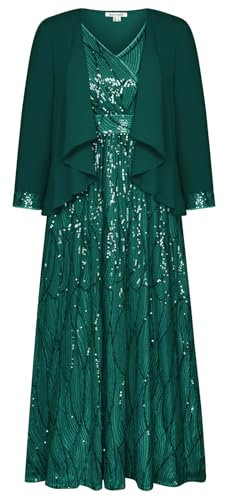 Damen Glitzer Pailletten Partykleid Formel mit Chiffon Maxikleid Ärmellos Hohe Taille Abendkleid Swing A-Linie Vintage Cocktailkleid Dunkelgrün 42