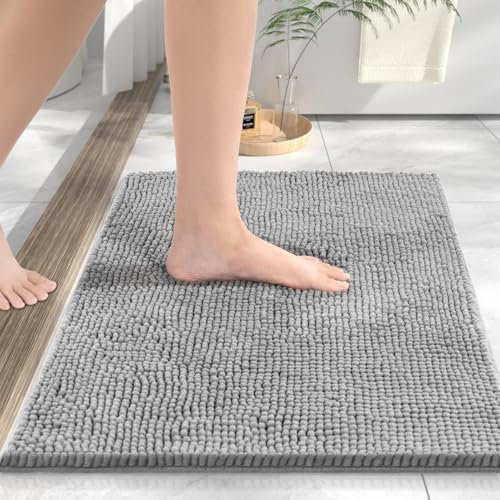 HITSLAM Chenille Badezimmerteppich, 50x80cm Badematte rutschfest, Super Saugfähige Badematten & Badteppiche, Badteppich Waschbar, Badezimmermatte für Dusche und Badewanne, Hellgrau