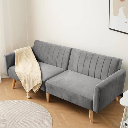 Merax Sofa 2 Sitzer, Kleine Sofacouch mit Verstellbarer Rückenlehne, Mini Sofa Gepolsterte Couch Loveseat, Klappbares Schlafsofa mit Liegefläche(160x85 cm), für Wohnzimmer/Wohnung/Büro, Grau/Samt
