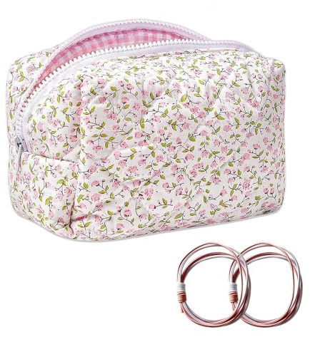 Aikeis Rosa Gesteppte Kosmetiktasche mit Blumenmuster und 2 rosa Haarbändern. Weiches Baumwollmaterial, geeignet für Make-up-Pinsel und Beauty-Tools. Kosmetiktasche mit großem Fassungsvermögen.