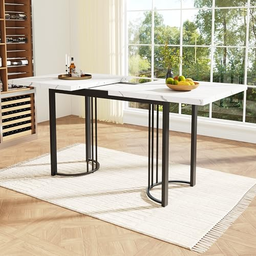 DRIXNO Esstisch Teleskoptisch(140-179.5×80cm),Ausziehbarer, Platzsparender Küchentisch, Weiß/Schwarz, Gestell aus Metall Rechteckiger für Esszimmer Wohnzimmer