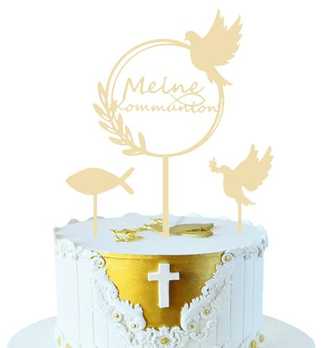 Omnikryp 3 Stück Tortendeko Kommunion, Holz Cake Topper Kommunion, Erstkommunion Tortendeko für Junge Mädchen, Taube Fisch Oliven Tischdeko für Hochzeit Party Babyparty Geburtstag Torte Dekorieren