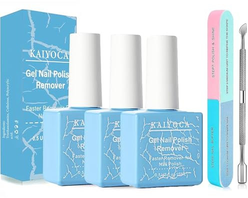 3 Pcs Gel Nail Polish Remover Kit, with 7 Way Nail Buffer & Metal Silver Cuticle Pusher, Quick & Easy Removal Gel Polish at Home in 3-5 Minutes, No Need for Foil, Soaking or Wrapping