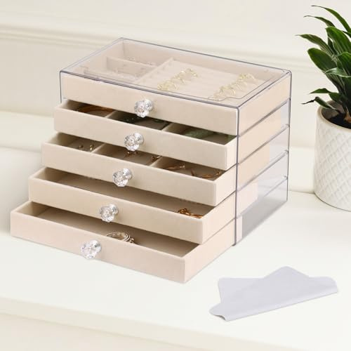 Vandicka Schmuckkästchen 5 Ebenen, Schmuckkasten groß, Beige | Schmuckschatulle für Mädchen, Schmuckbox Damen, 23.5 x 13.5 x 17.5 cm, für Ohrringe, Halsketten, Ringe, Geschenk Hochzeit