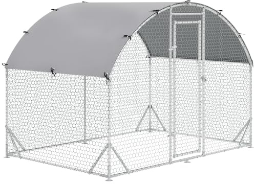 PawHut Hühnerstall Freilaufgehege aus Stahl 280 x 190 x 197 cm Silber | Hühnerkäfig mit UV-beständiger Abdeckung, Tür, für 4-6 Hühner, Kleintiere
