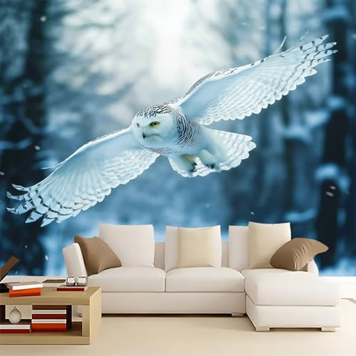 WHUOEUCO Fototapete Eule Im Schnee 200x140 cm 3D Wandbild Tapete, Modern Vlies Motivtapeten Groß Foto Tapete, Schlafzimmer Wohnzimmer Büro Wandtapete Deko