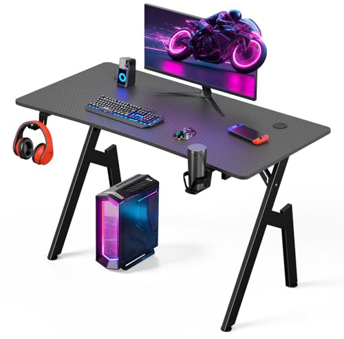 Warmiehomy Gaming Desk 120 x 60cm, Computer Desk with Headphone Hook, Black | Computer Desk with Cup Holder and Mouse Pad. A-Shaped Gaming Table for Home Office, Bedroom.