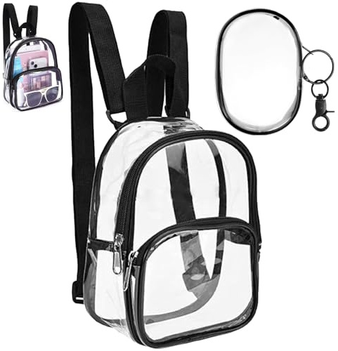 ZenyTra 2er Set Klarer Rucksack mit Etui - 19x7x23cm Transparente Tasche + Mini Organizer mit Schlüsselband, Durchsichtiger Schulrucksack für Konzerte, Sport, Reisen