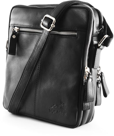 Fa.Volmer ® Echtleder Umhängetasche Herren – kleine Schultertasche, Messenger Bag für Tablet 9 Zoll, Business Tasche für Büro, Uni & Freizeit | Laredo (schwarz)
