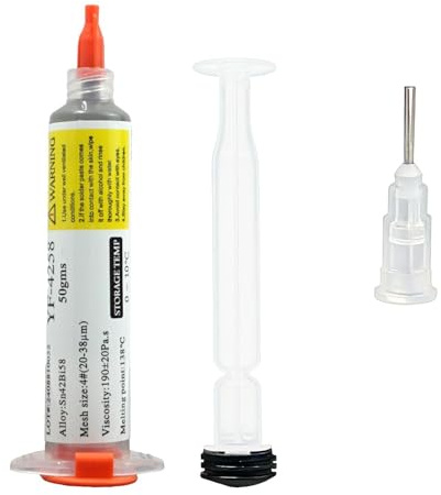 50g Solder Paste, Sn42/Bi58 Lead-Free Flux Soldering Paste 138°C, for PCB | No Cleaning, Includes Needle & Push Rod, Low Temperature Soldering, for PCB, BGA, IC, SMT, LED & CPU Repair