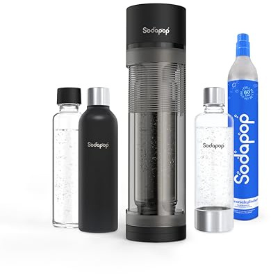 Sodapop Wassersprudler Logan, All in One Set mit 3 Flaschen (Glas, Edelstahl und PET) und 1 CO₂-Zylinder, Matt Schwarz, Höhe 42,6 cm
