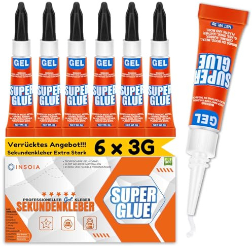 Sekundenkleber extra stark Gel 6 x 3 g，Universal alleskleber Mini Set | Kleber Mini-Tuben Präzise Anwendung, Transparent, Wasserfest,Schuhe, für Holz, Metall, Kunststoff, Keramik, Gummi, modellbau