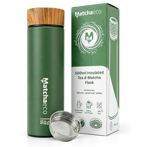 Matchaeco 500ml Insulated Matcha Flask – Double Wall Stainless Steel Vacuum Bottle for Hot & Cold Drinks – Leakproof Reusable Travel Cup for Matcha, Tea & Coffee