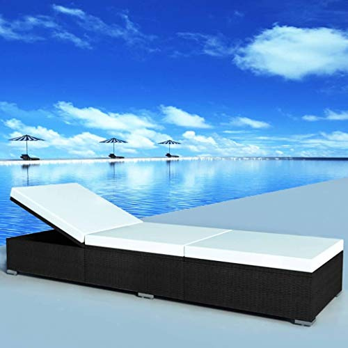 Ordellia Chaise Longue Bain Soleil en résine tressée Noire avec Coussin, transat extérieur 195 x 60 x 31 cm, lit chilienne Multiposition, Jardin terrasse Balcon Piscine, Repos détente