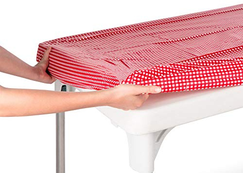 TopTableCloth Tablecloth for Camping Picnic Red & White Checkered 6 Foot 30 x 72 Table Cover Elastic Corner Plastic Vinyl Flannel Waterproof Fitted Rectangular for Folding Table