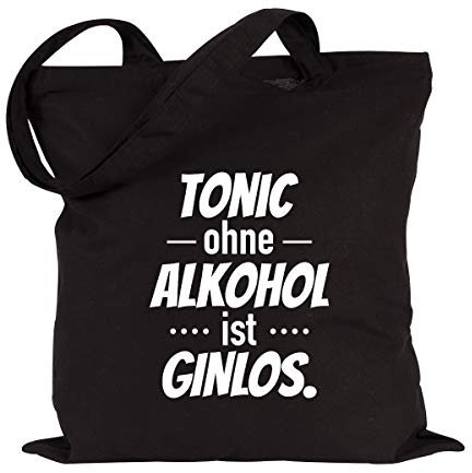 JUNIWORDS Jutebeutel, Wähle ein Motiv & Farbe, Tonic ohne Alkohol ist Ginlos. (Beutel: Schwarz, Text: Weiß)