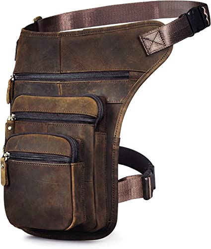 Le'aokuu Herren Echtes Leder Tasche Beinbeutel Beintasche Außenbeintasche Drop Leg Thigh Bag Messenger Bag 3111 (3111 Braun)