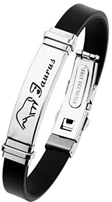 ODETOJOY 12 Constellations Bracelet for Women Stainless Steel Cuff Men Rubber Horoscope Astrology Bracelet with Zodiac Sign Punk Pulseras Jewelry Couple Lovers Gifts