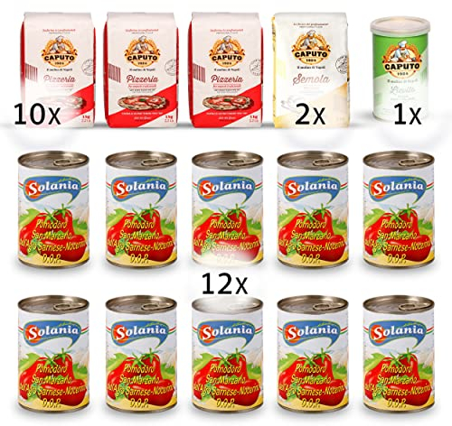 DELICRET - PIZZA KIT NEAPEL GRANDE mit Original Zutaten | 10x 1kg Caputo Pizzeria Pizzamehl & 2x 1kg Caputo Semola & 1x 100g Caputo Trockenhefe + 12x 400g San Marzano Tomate