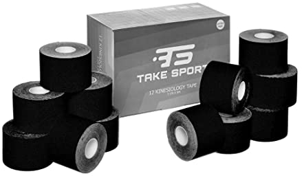 TAKE SPORT, Kinesio, Kinesio tape, Nastro kinesiologico, Tape kinesiologico, Kinesio taping. 6-12 rotoli, 5 x 5m, 95% Cotone 5% Spandex, elastico. (12 Nero)