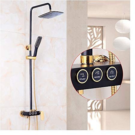 GLYYR 8 Zoll Schwarz Gold Quadratisch Duschsystem Wandhalterung Regendusche Duschset mit Kaltes und Heißes Wasser 3 Funktion Brausegarnitur mit Duschkopf, Handbrause, Badewannenarmaturen