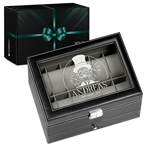 Maverton Uhrenbox mit Gravur für 12 Uhren & Schmuck - 30x20x13cm - Uhrenkasten aus Kunstleder - Schwarz - Geschenk für Männer - Zeit