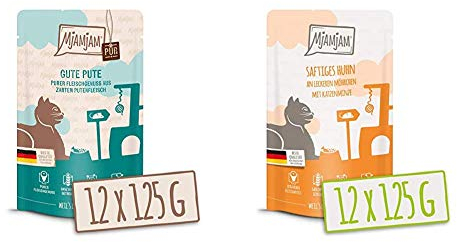 MjAMjAM - Premium Nassfutter für Katzen - Quetschie - purer Fleischgenuss - Gute Pute pur, 12er Pack (12 x 125 g), getreidefrei mit extra viel Fleisch & Premium Nassfutter für Katzen - Quetschie