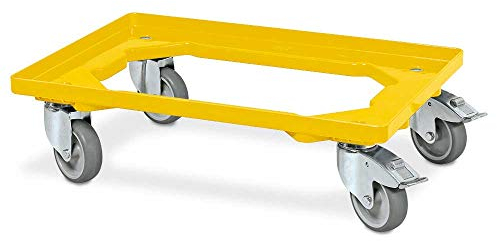 Transportroller für 600x400 mm Eurobehälter, gelb, 250 kg Tragkraft, 4 Lenkrollen, 2 mit Feststellbremse