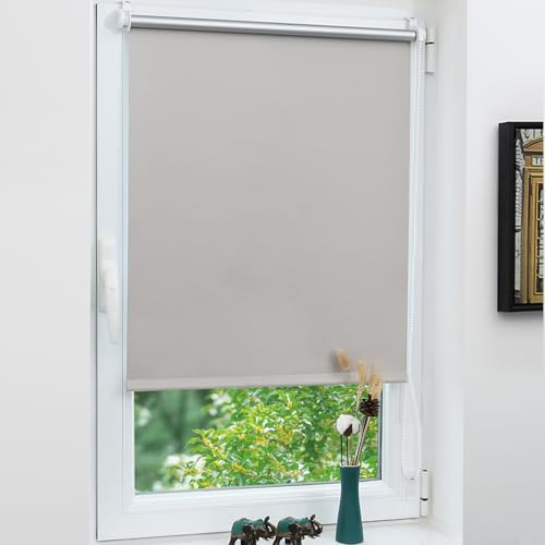 Grandekor Verdunklungsrollo ohne Bohren 65 x 200cm (Stoffbreite 65cm) | Hellgrau Klemmrollo Thermorollo mit Hitzeschutz, Rollos für Fenster Montage mit oder ohne Bohren Sicht-& Sonnenschutz
