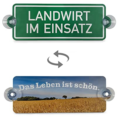 Betriebsausstattung24® Fahrzeugkennzeichnung Landwirt im Einsatz | Aluminiumverbundplatte 29,7 x 10,5 cm | Doppelseitig bedruckt mit Feldmotiv | Inkl. Saugnäpfe | Kfz Markierung | Traktor Schild