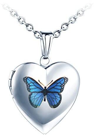 Yumilok Charms Medaillon Kette für Foto Bilder Silber Herz Anhänger zum Öffnen mit Schmetterling Muster Herzanhänger Amulett für Damen Mädchen