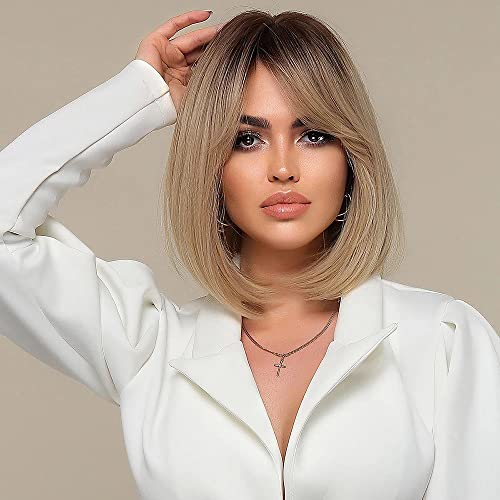 HAIRCUBE Gerade Kurze Charmante Bob mit Bangs Perücken für Frau Natur Hitzebeständige Synthetische Faser Party/Cosplay/Kostüm/Tägliche Perücke (Braun ombre ritt drive blond)